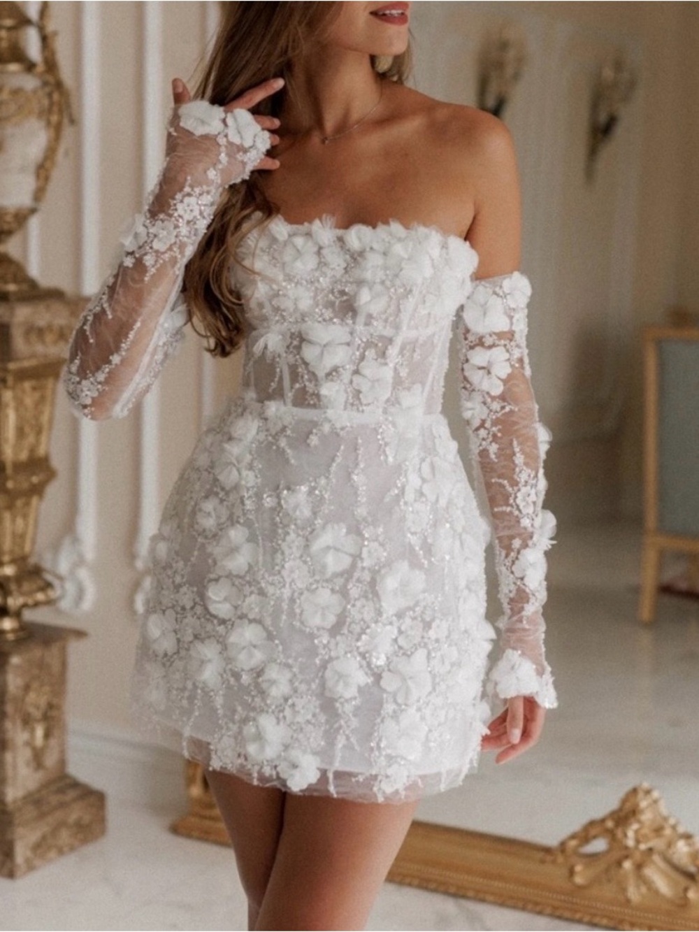Rosie Etienne Strapless White Floral 3D Appliqué Mini Dress